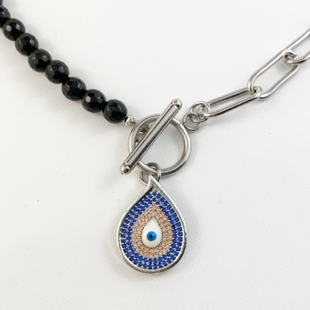 Onyx & Silver Evil Eye Hybrid Necklace