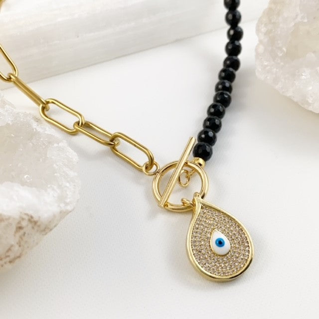 Onyx & Gold Evil Eye Hybrid Necklace