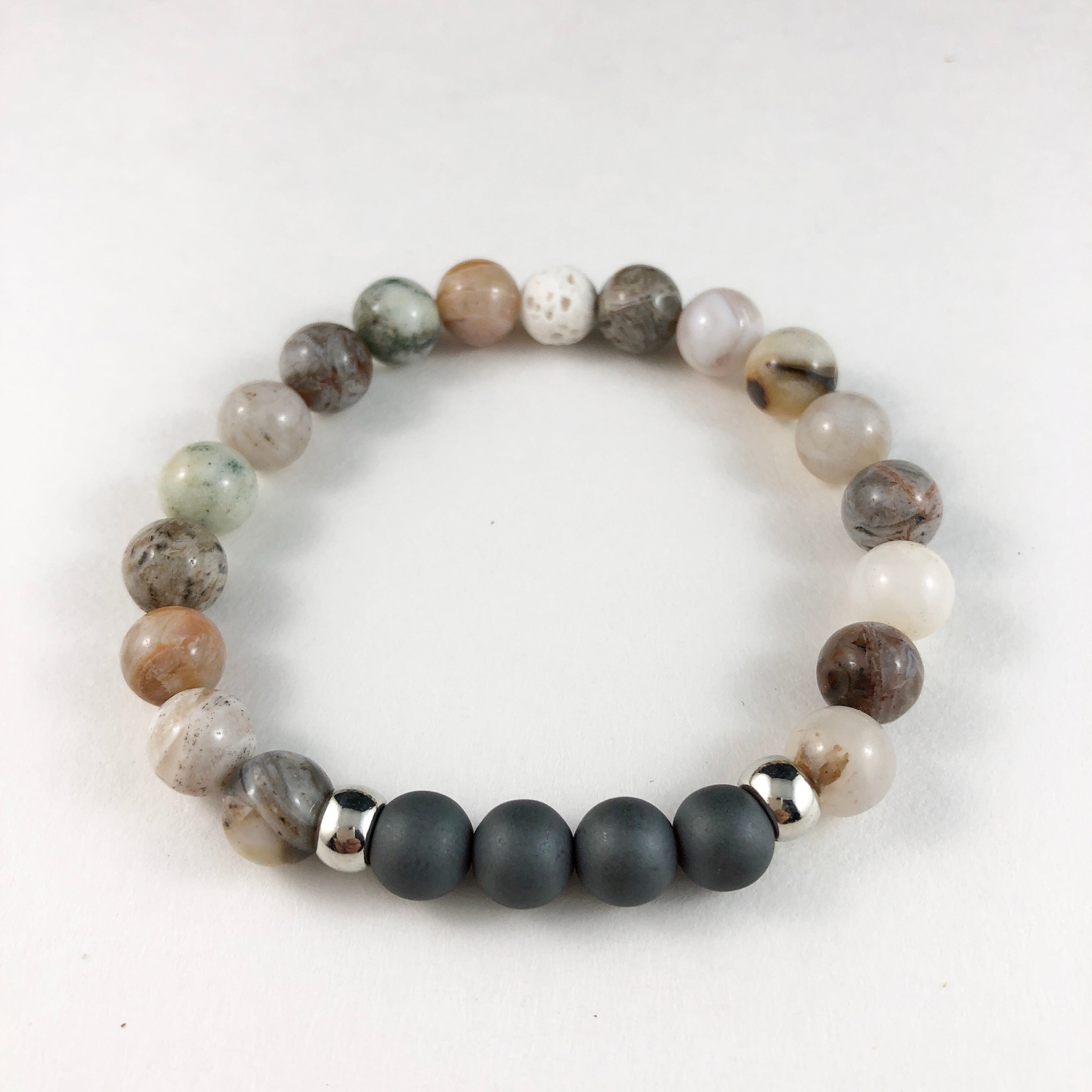 Bamboo Leaf Agate and Hematite Diffuser Bracelet with Silver Discs